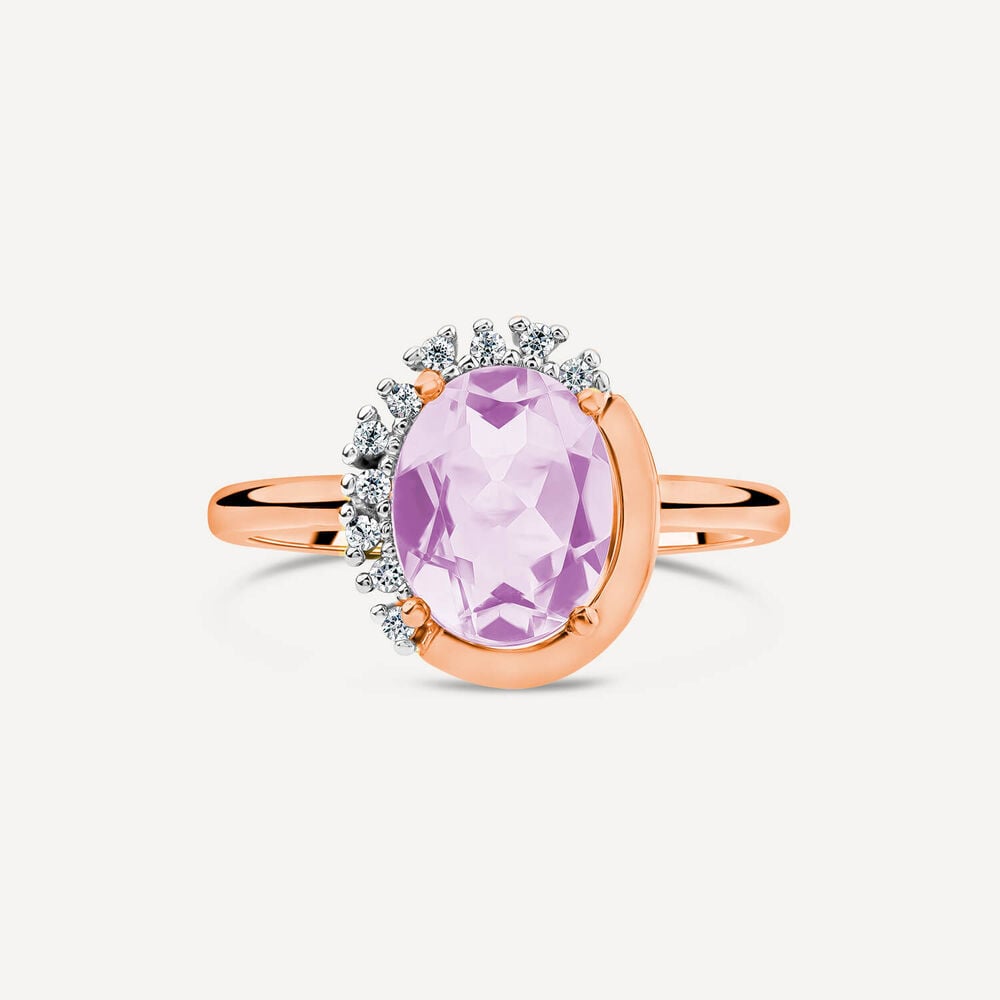 9ct Rose Gold Oval Amethyst & Half Set Diamond Surrounded Ring image number 1