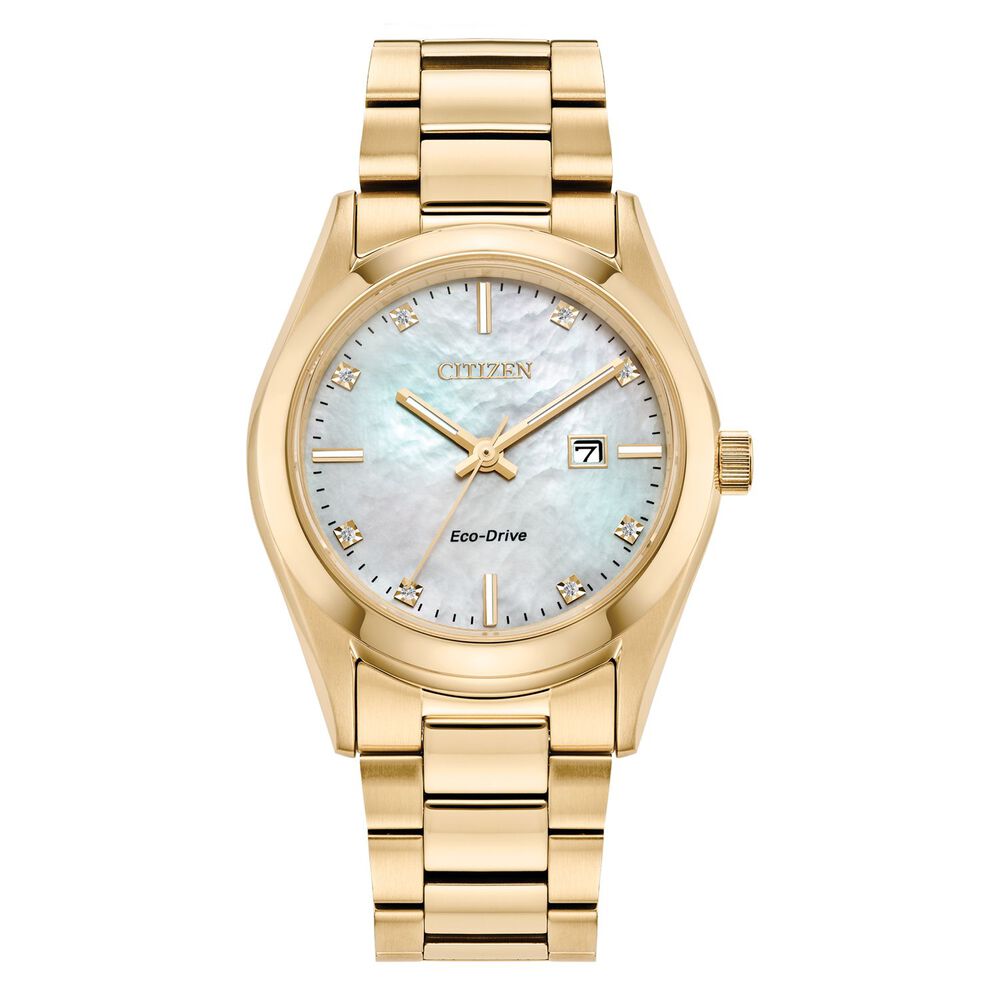Citizen Classic Eco Drive 33mm Pearlised Dial Yellow Gold PVD Case Bracelet Watch