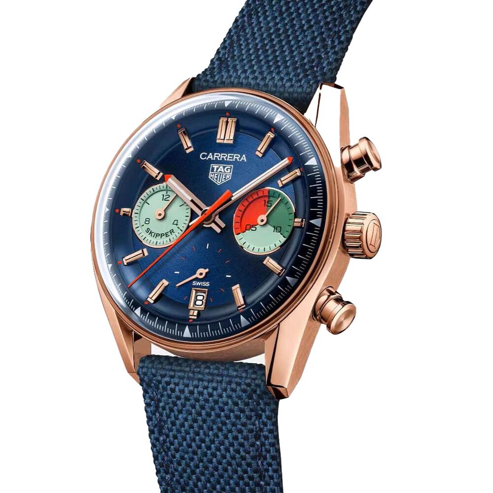 TAG Heuer Carrera Chronograph Skipper 39mm Blue Dial 18k Rose Gold Case Fabric Strap Watch image number 1