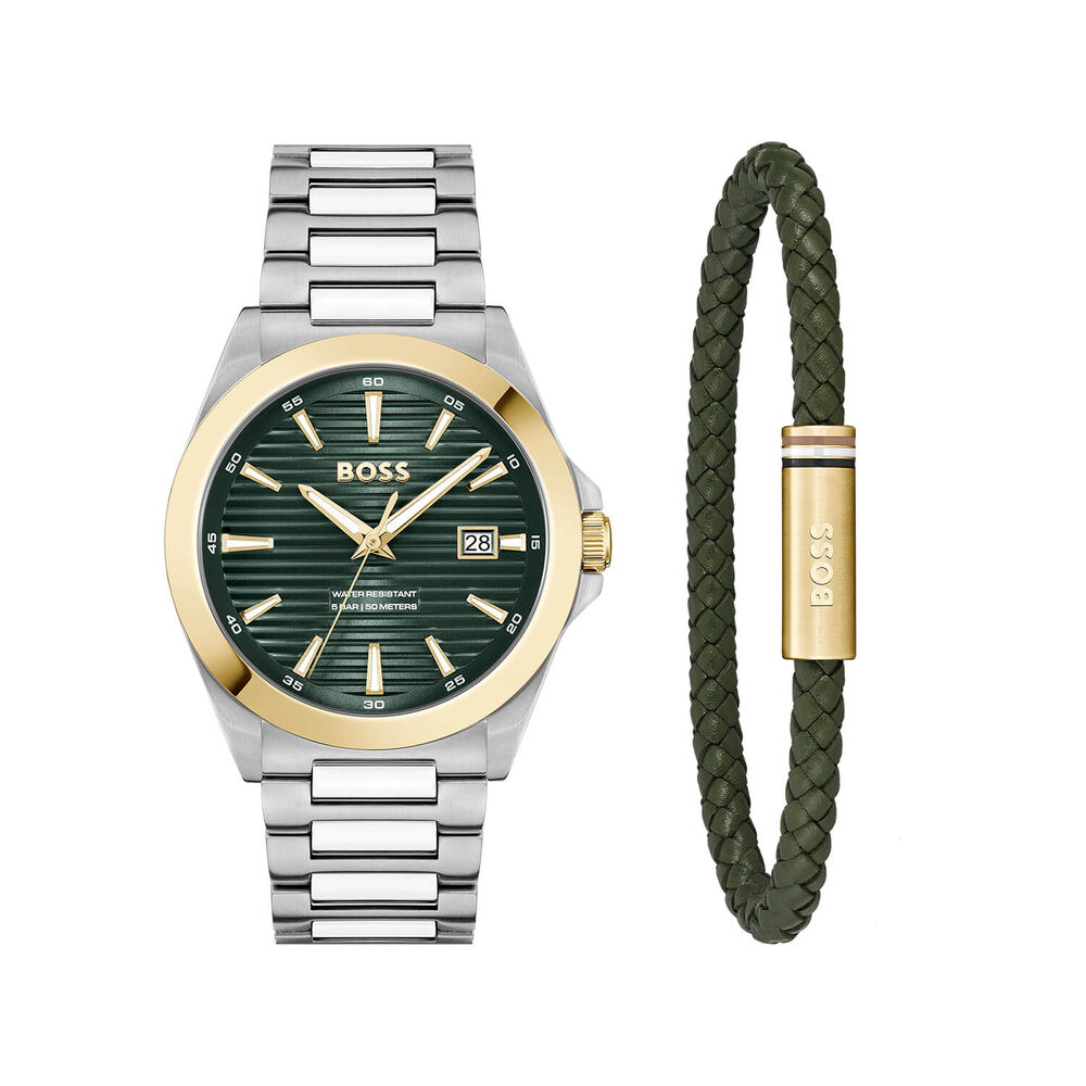 BOSS Strike 41mm Green Textured Dial Steel Bracelet Watch & Green Leather Bracelet Gift Set