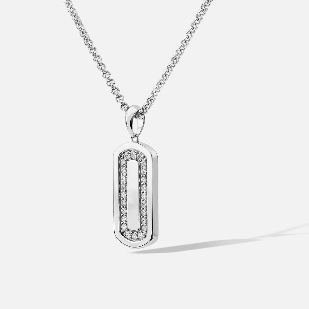 Sterling Silver Pave Cubic Zirconia Rectangular Disc Belcher Chain Pendant