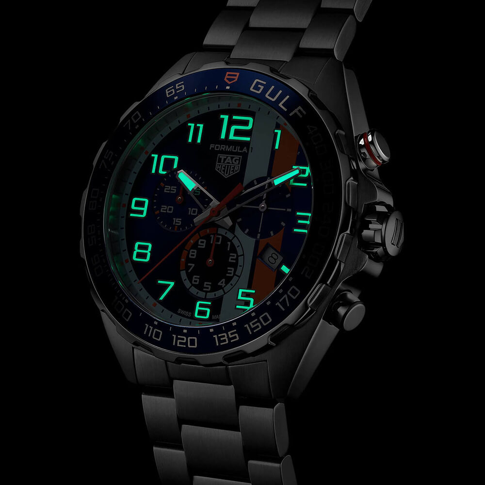 TAG Heuer Formula 1 Chronograph x Gulf 43mm Blue & Orange Dial Stainless Steel Bracelet Watch image number 7
