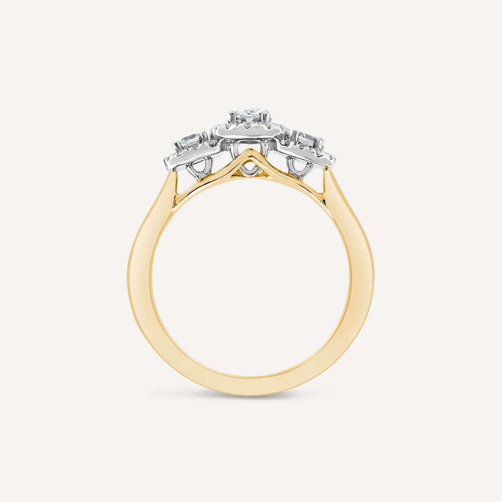 Orchid Setting 18ct Yellow Gold 0.75ct 3 Stone Oval Centre Halo Diamond Engagement Ring image number 3