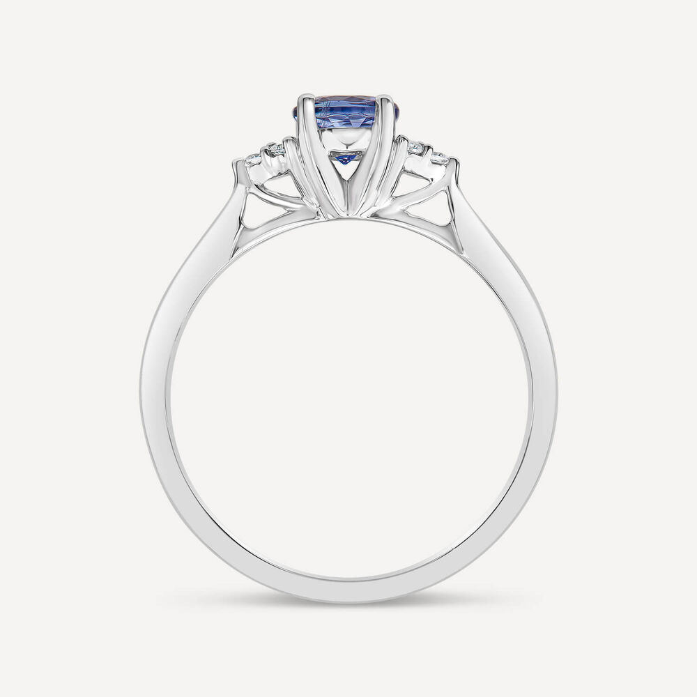 9ct White Gold Round Tanzanite & 0.05ct Trefoil Diamond Sides Ring image number 3