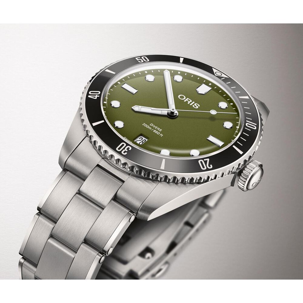 Oris Divers Date 39mm Olive Green Dial Steel Bracelet Watch