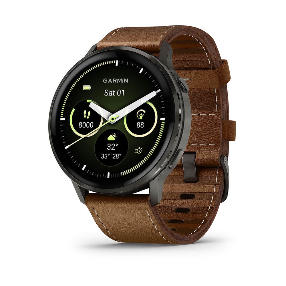 Garmin Venu 4 45mm Black Bezel Dark Brown Leather Strap Watch image number 0