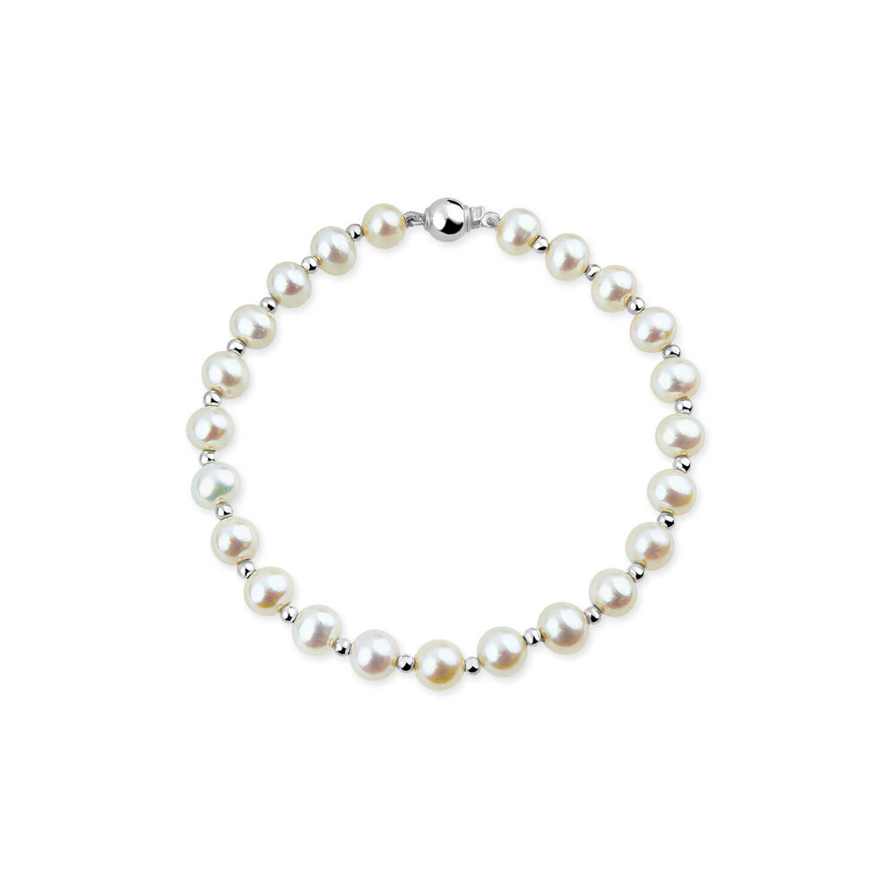 9ct White Gold 6-6.5mm Cultured Freshwater Pearl Beaded Bracelet