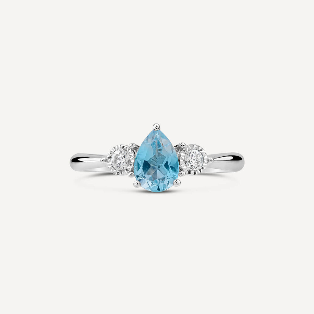 9ct White Gold Pear Blue Topaz 0.12ct Diamond Sides Ring