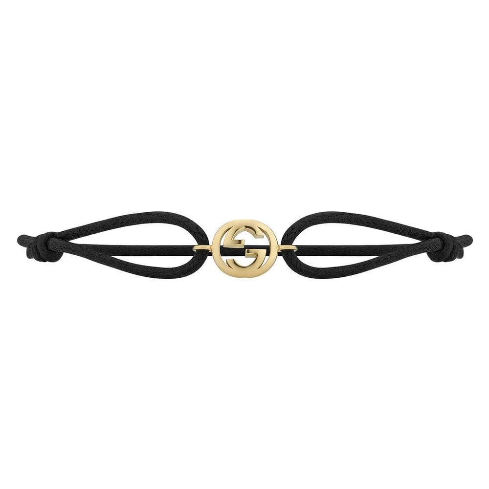Gucci Interlocking G 18ct Yellow Gold Charm Black Cotton Cord Bracelet
