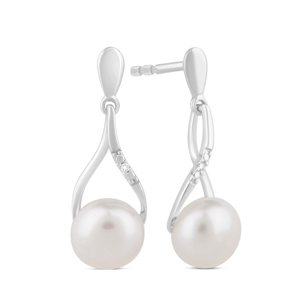 9ct White Gold Diamond & Pearl Teardrop Earrings image number 1