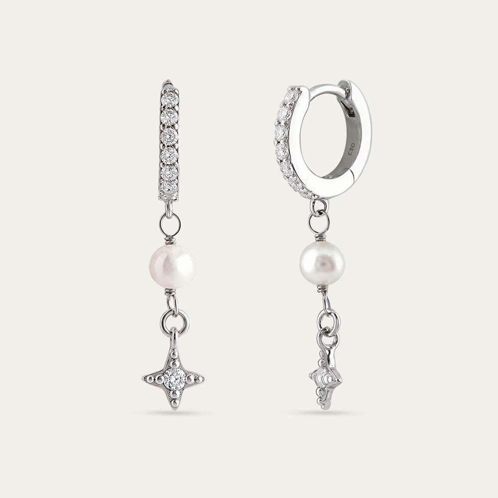 Sterling Silver Pearl & Cubic Zirconia Star Huggie Earrings