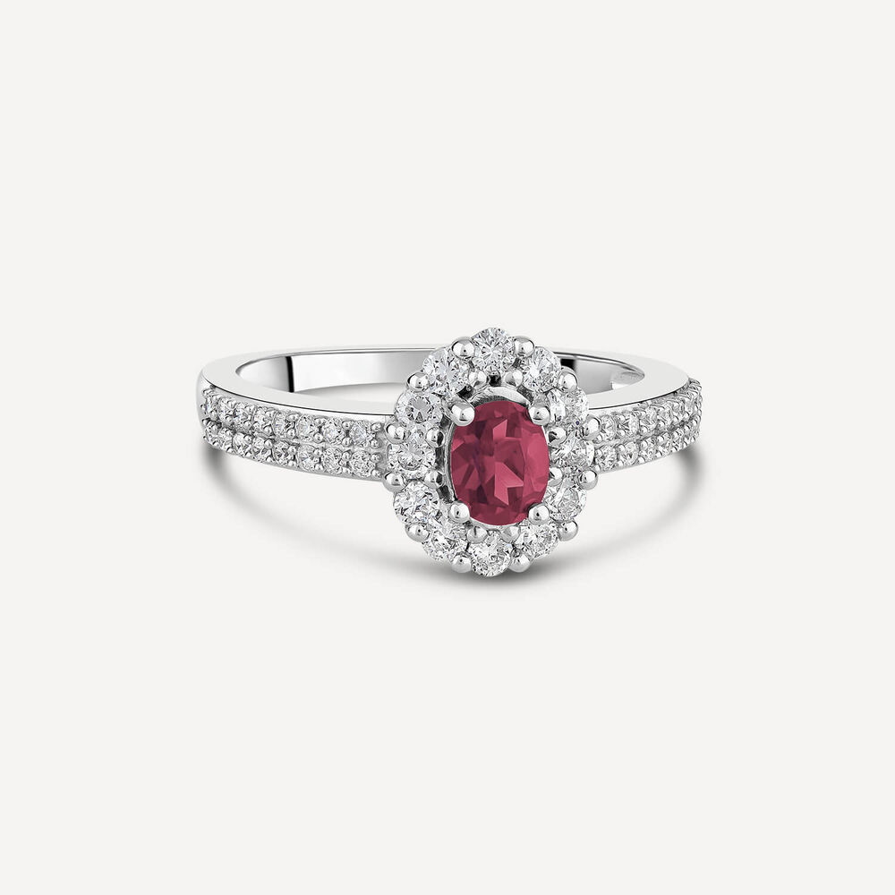 18ct White Gold Ruby With 0.55ct Diamond Cluster Double Diamond Shoulders Ring image number 2