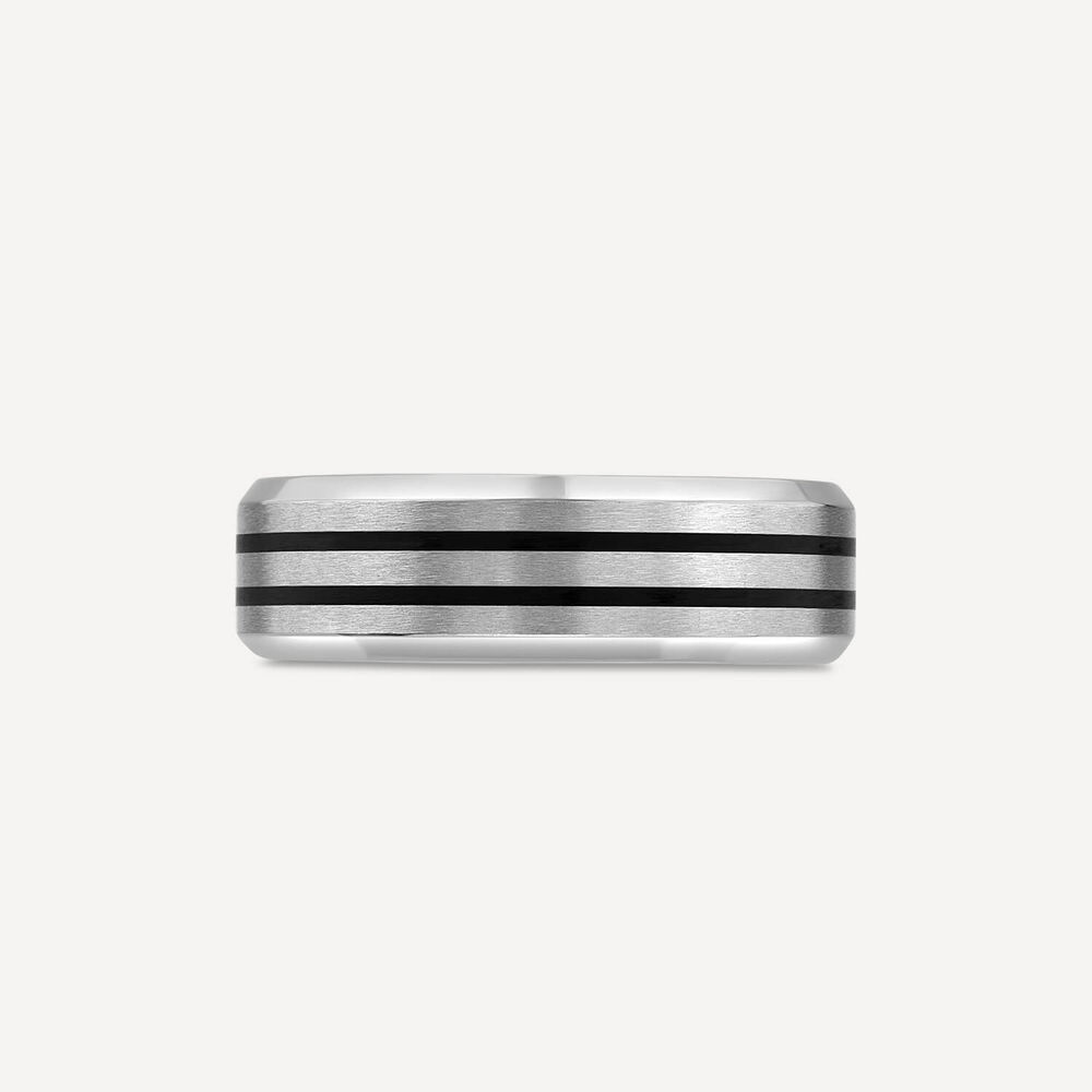 Titanium Centre Black Double Stripe Mens Band Ring