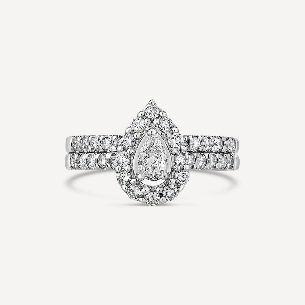 18ct White Gold With 1 Carat Pear Shaped Diamond Halo Cluster Bridal Ring
