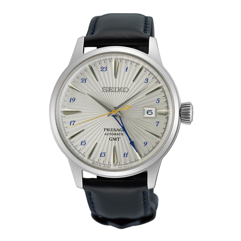 Seiko Presage &lsquo;Silver Bullet&rsquo; Cocktail Time GMT 40.5mm Dial Black Leather Strap Watch