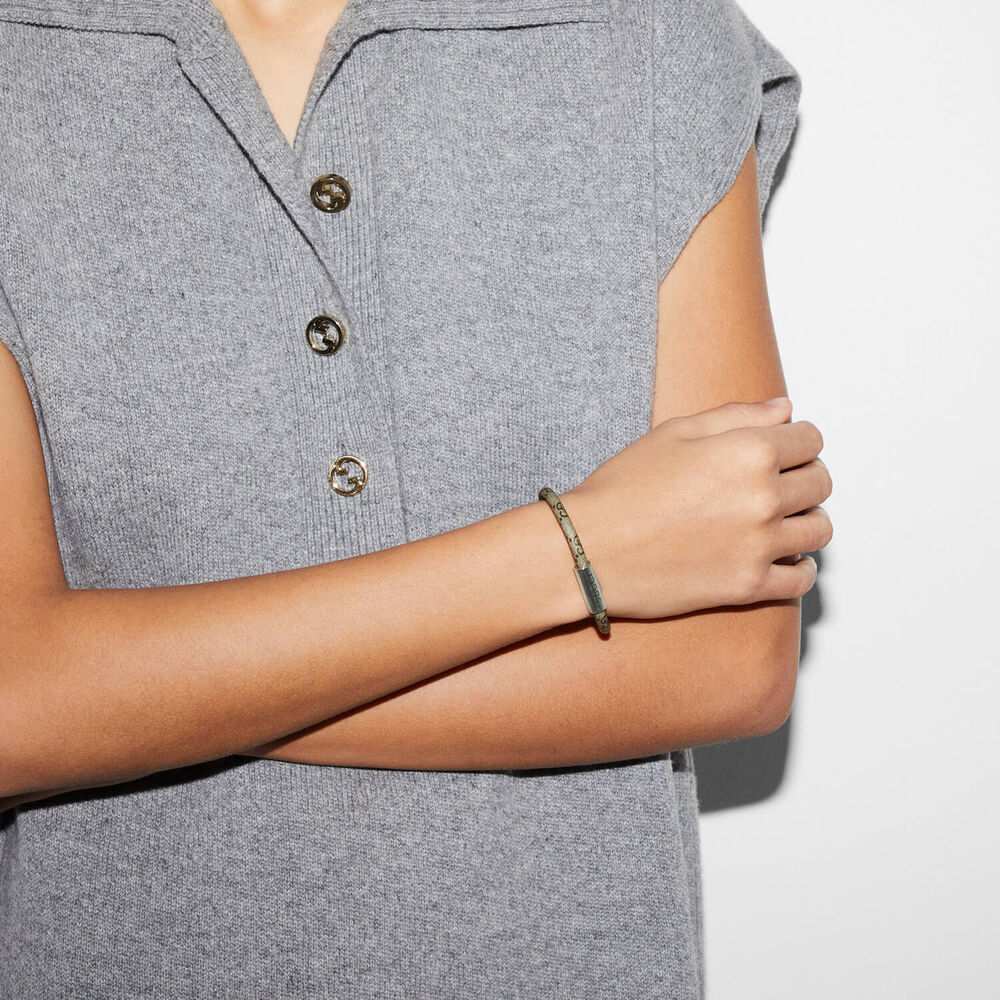 Gucci Trademark Supreme Beige & Ebony Canvas Sterling Silver Tag Bracelet (Size XL, 7.5") image number 4