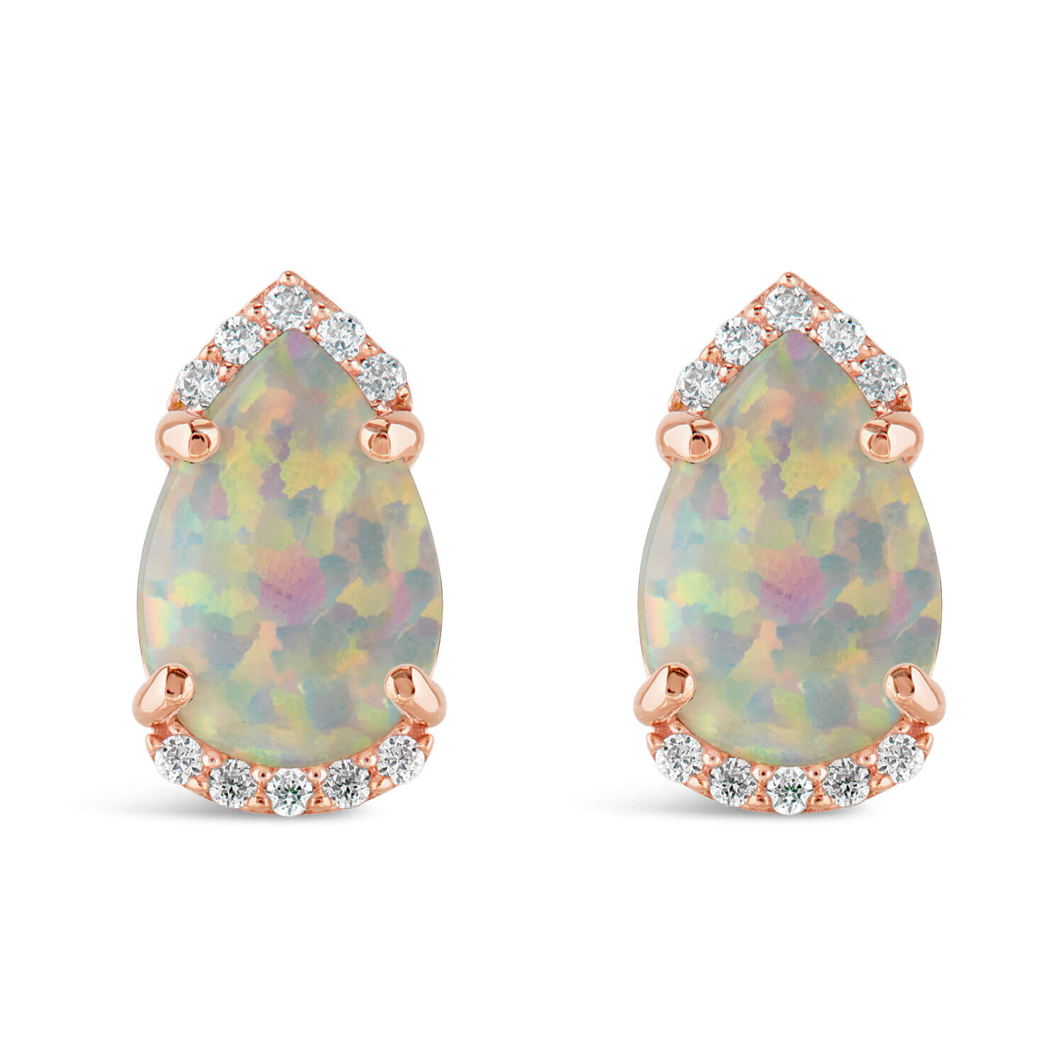 9ct Rose Gold Created Opal Diamond Top Bottom Pear Stud Earrings