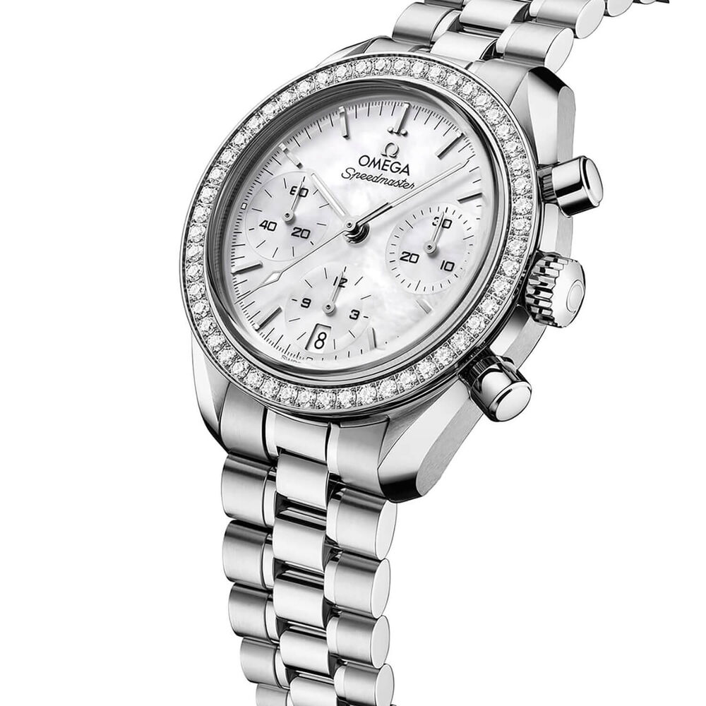 OMEGA Speedmaster 38mm White Mother of Pearl Dial Diamond Set Bezel Steel Bracelet Watch