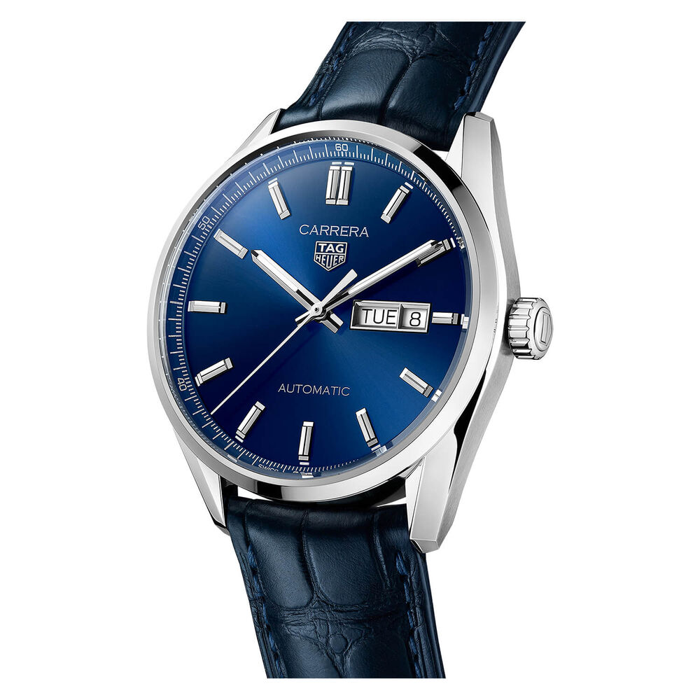 TAG Heuer Carrera Day-Date 41mm Automatic Blue Dial Steel Case Blue Leather Strap Watch image number 3
