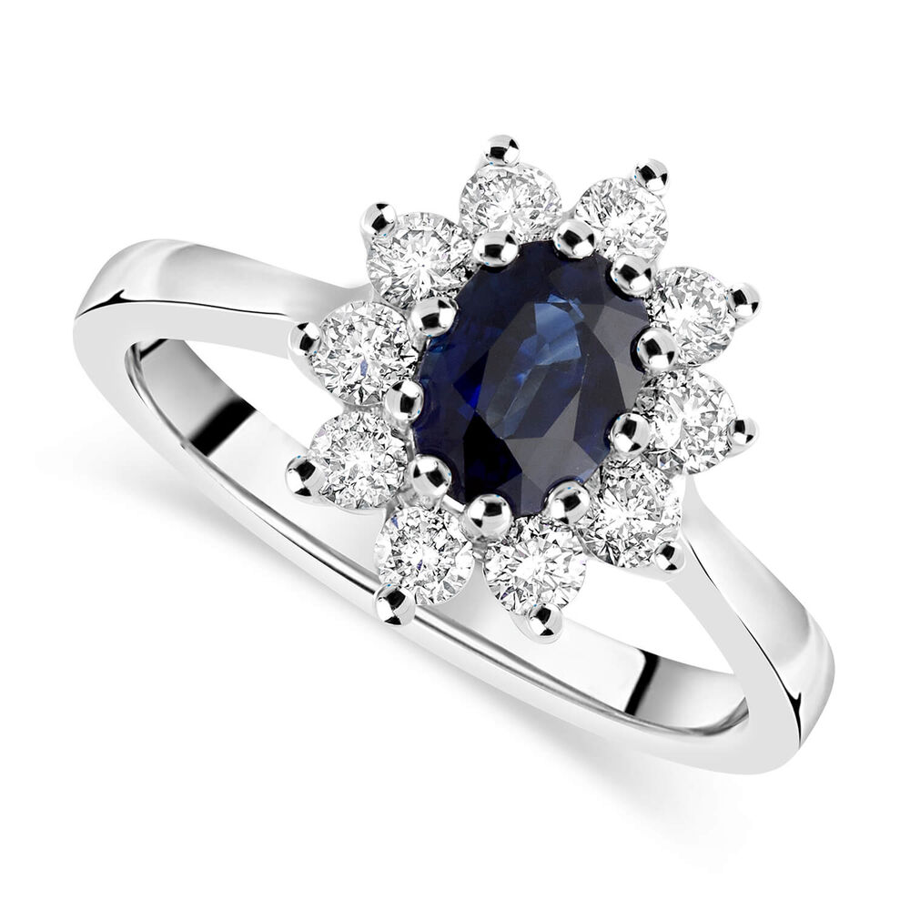 18ct white gold sapphire and 0.60 carat diamond cluster ring image number 0