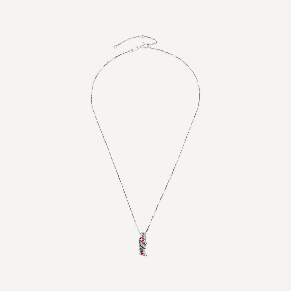 9ct White Gold Ruby & 0.13ct Diamond Baguette Centre Wave Pendant image number 2