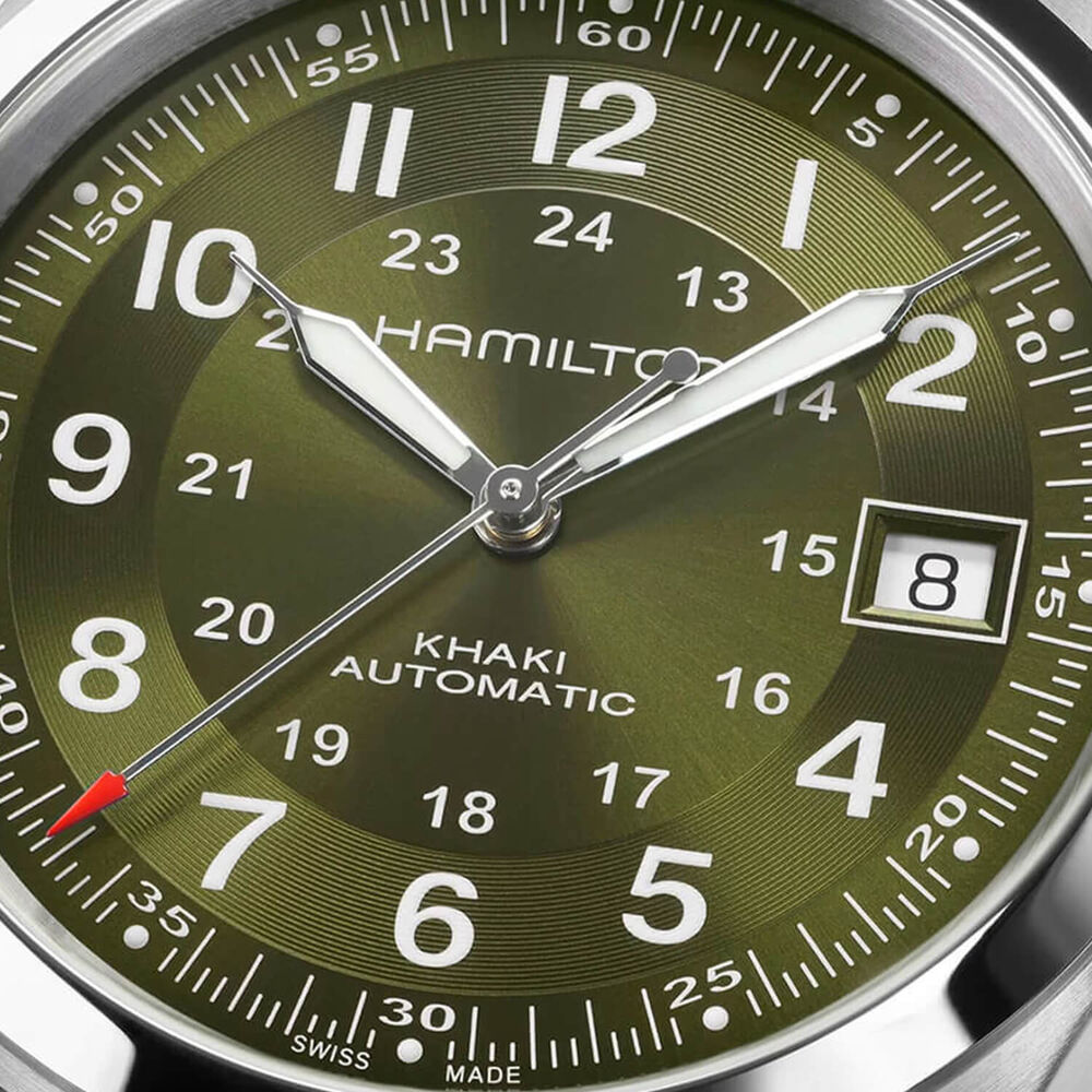 Hamilton Khaki Field 38mm Green Dial Brown Leather Strap Watch image number 1