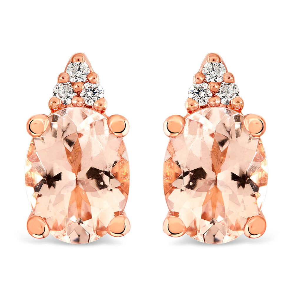 9ct Rose Gold 3 Stone Morganite & Diamond Oval Earrings