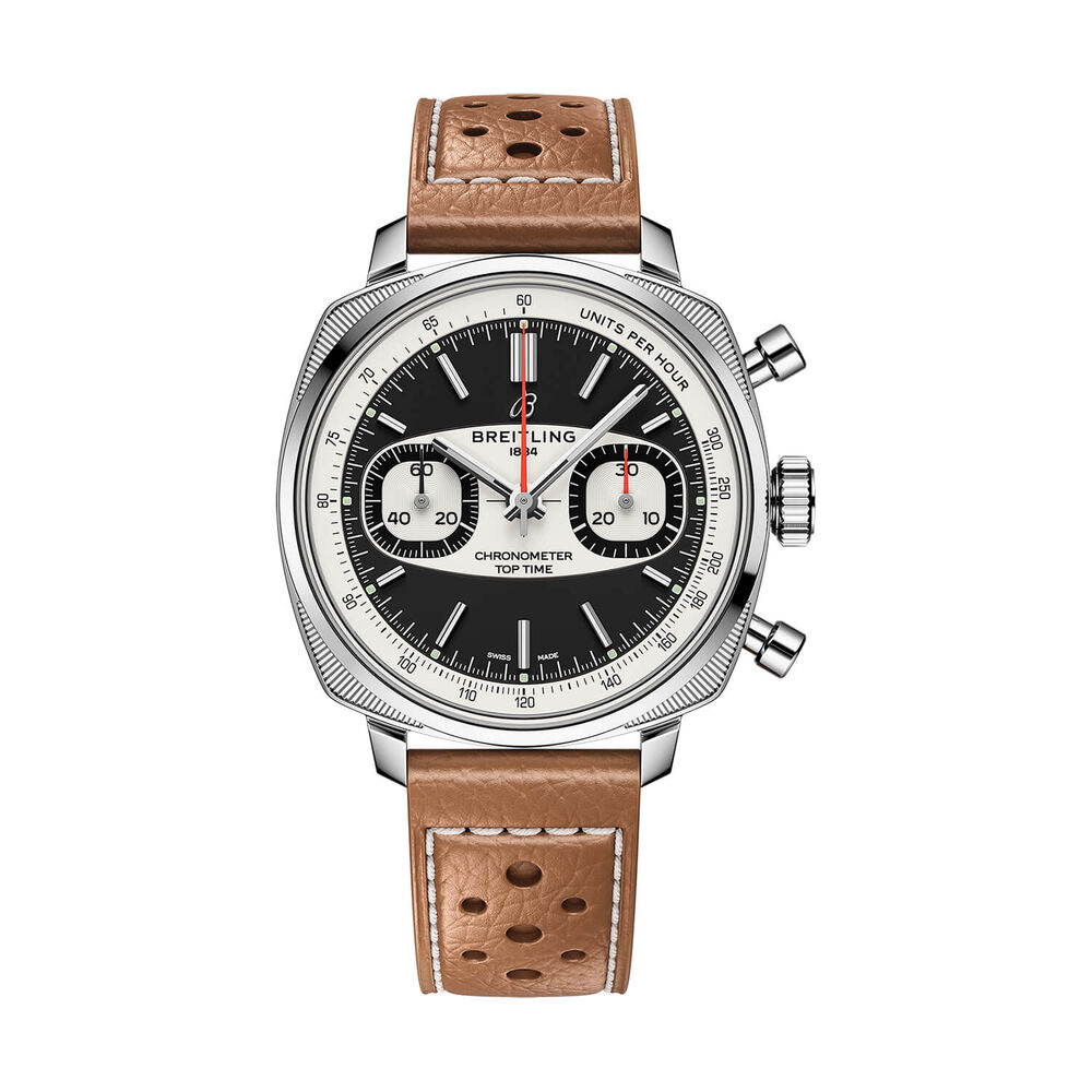 Breitling Top Time B01 Racing 38mm Black Dial Beige Leather Strap Watch