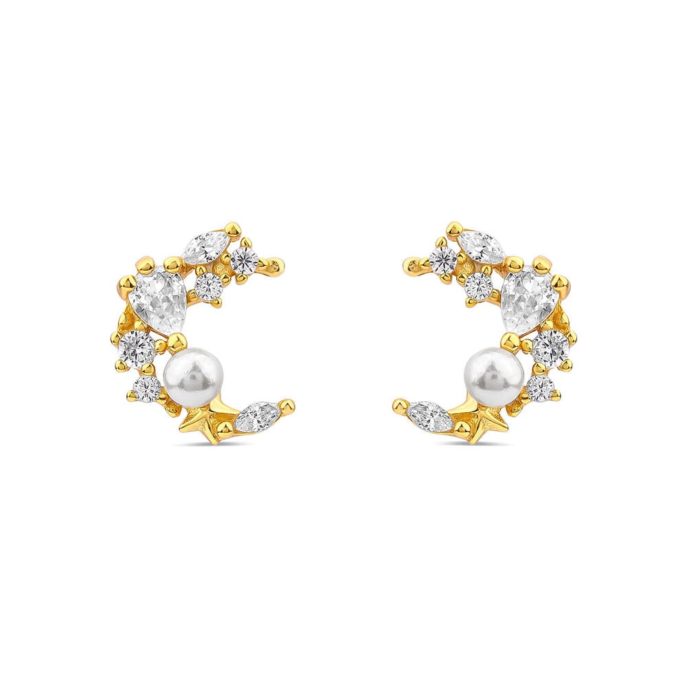 Yellow Gold Plated Sterling Silver Cubic Zirconia & Pearl Half Moon Earrings image number 0