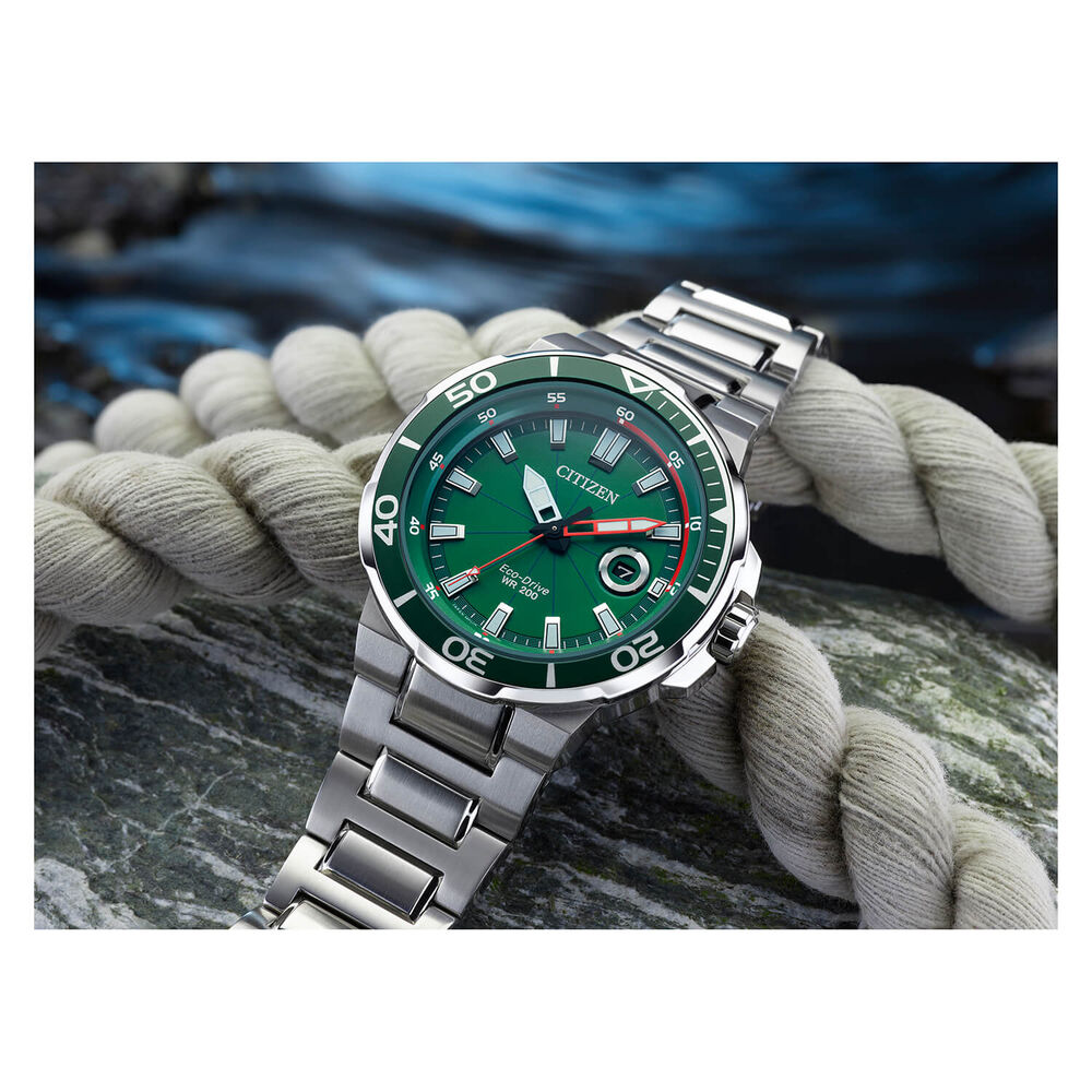 Citizen Eco Drive Green Dial Green Bezel Steel Case Bracelet Watch image number 6
