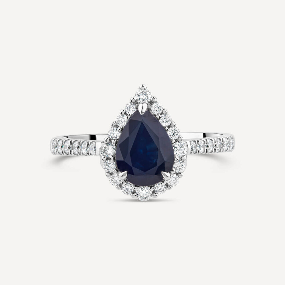18ct White Gold Pear Sapphire Centre 0.33ct Diamond Halo & Shoulders Ring image number 1