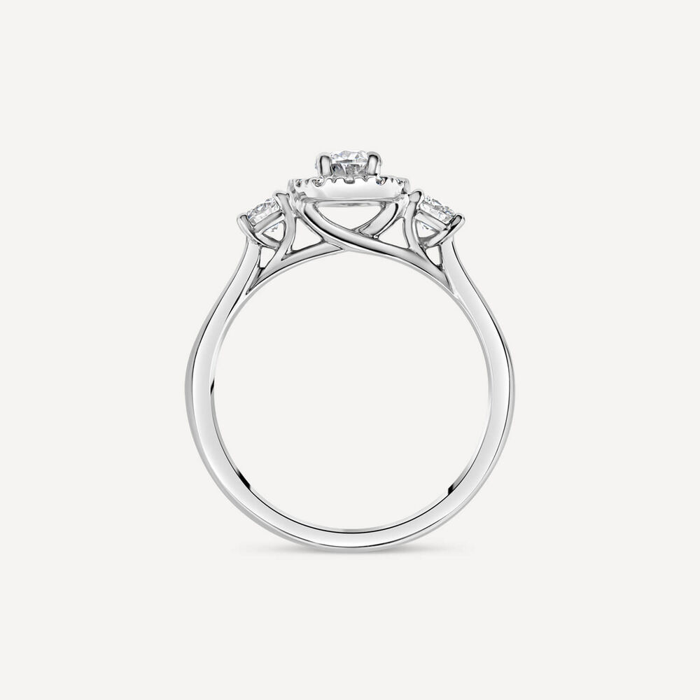 Platinum 0.72ct Oval Halo & 2 Side Stones Diamond Engagement Ring image number 3