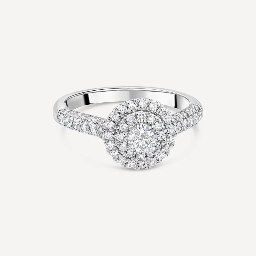 18ct White Gold 0.75ct Round Brilliant Double Halo Cluster & Shoulders Diamond Ring