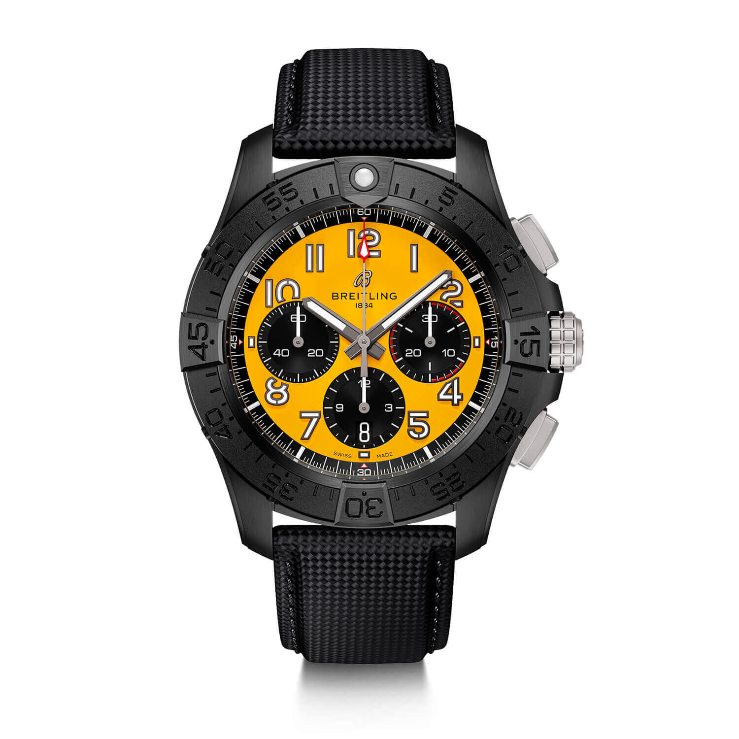 Breitling Avenger B01 Chronograph 44mm Yellow Dial Black Ceramic Case Leather Strap Watch
