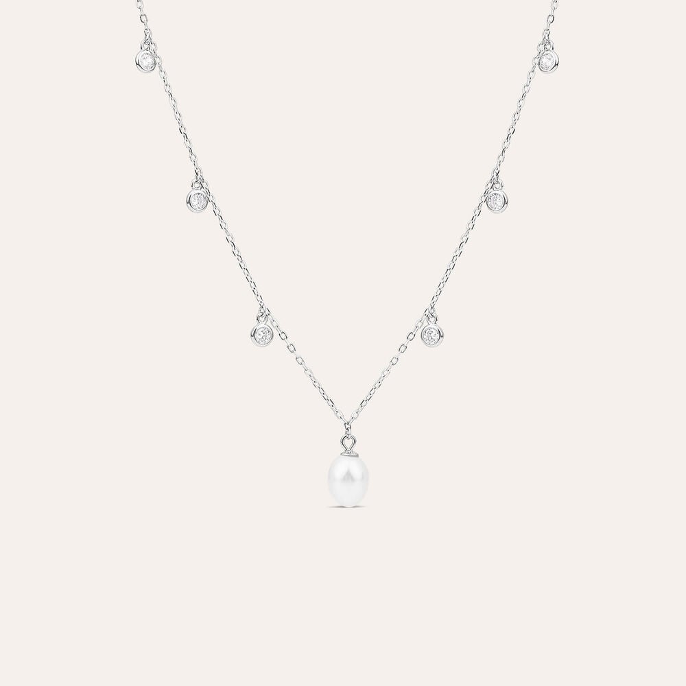 Sterling Silver Freshwater Pearl & Cubic Zirconia Droplets Necklet