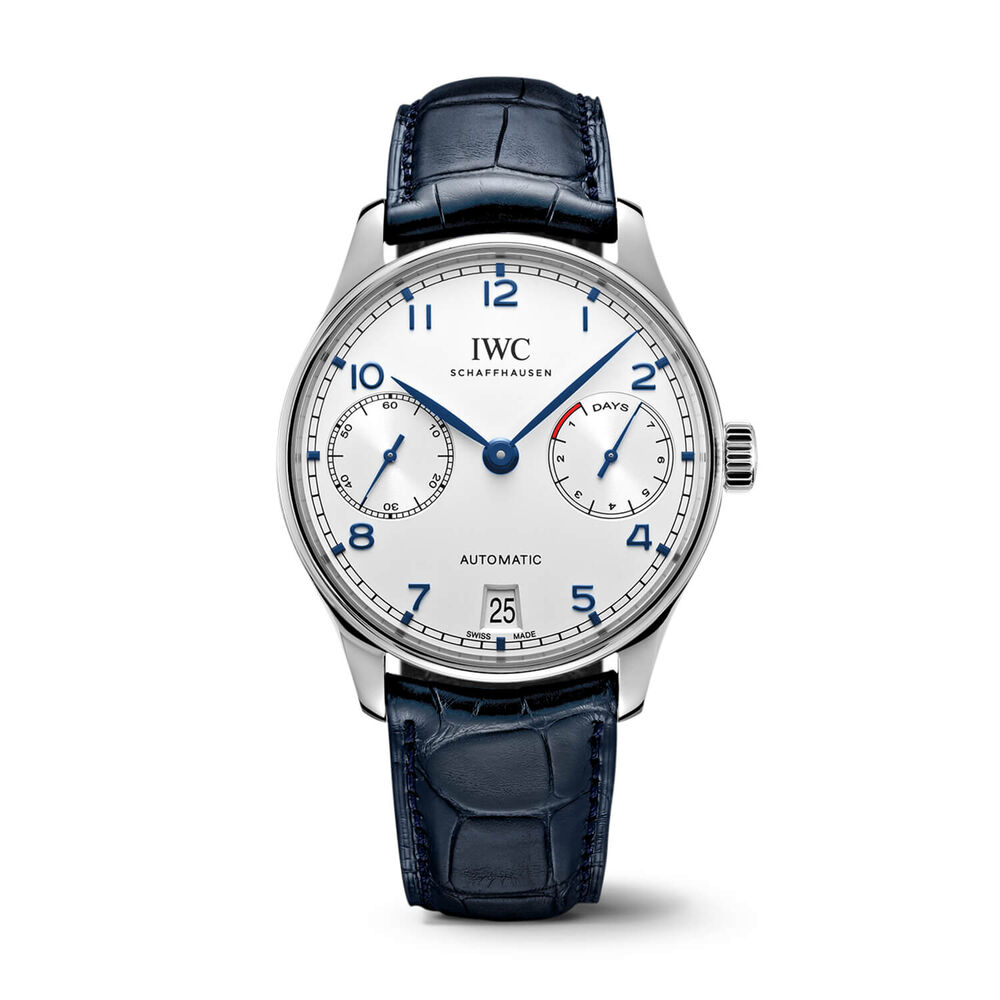 IWC Schaffhausen Portugieser Automatic Silver Dial Blue Strap Watch image number 0