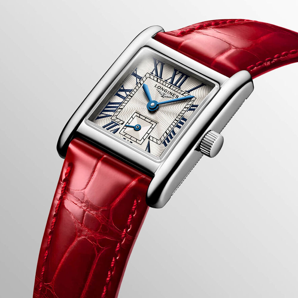 Longines MiniDolcevita 2023 29 X 21.50mm Silver "flinqué" Dial Red Strap Watch image number 5