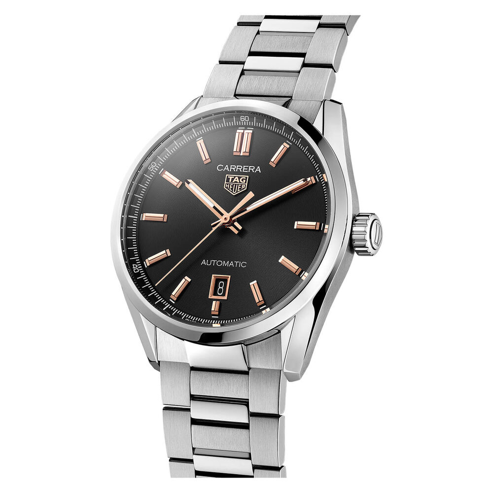 TAG Heuer Carrera Date 39mm Black Dial Rose Gold Index Stainless Steel Bracelet Watch image number 1