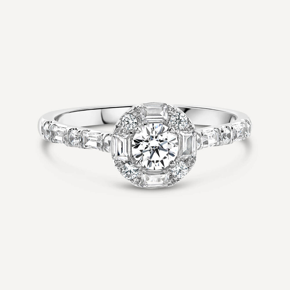 Platinum 0.75ct Diamond Round Centre Baguette Halo & Shoulders Ring image number 2