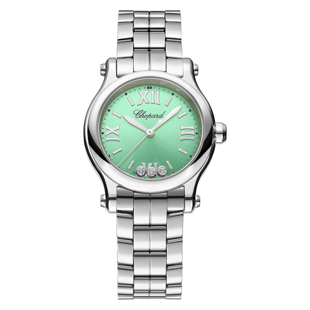 Chopard Happy Sport 30mm Mint Green Dial 3 Diamond Steel Bracelet Watch