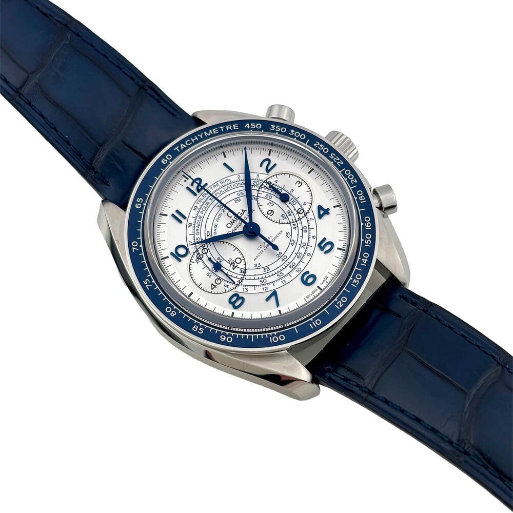 Pre-Owned Omega Speedmaster Chronoscope 43mm Silver Dial Blue Strap Watch image number 1