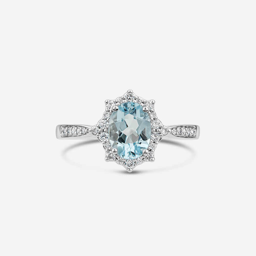 9ct White Gold 0.19ct Oval Aquamarine & Diamond Star Halo Ring