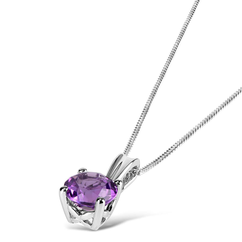 9ct White Gold Diamond and Amethyst Round Pendant image number 1