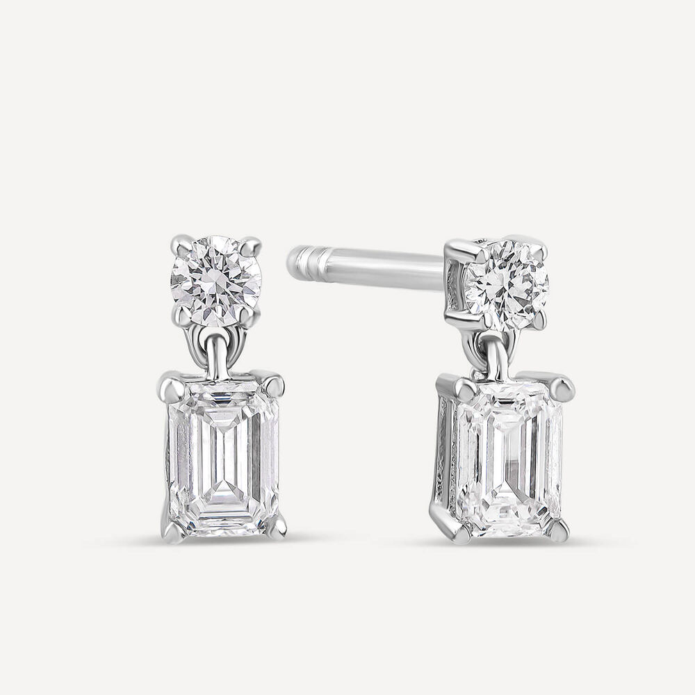 Born Classic 9ct White Gold Lab Grown 0.50ct Emerald Cut & Round Diamond Drop Earrings image number 1