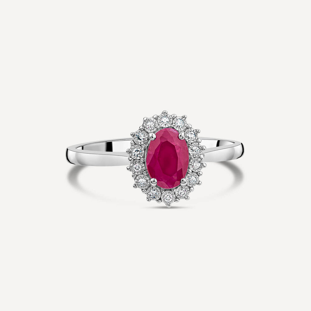 9ct White Gold Ruby & 0.05ct Cluster Diamond Ring image number 2