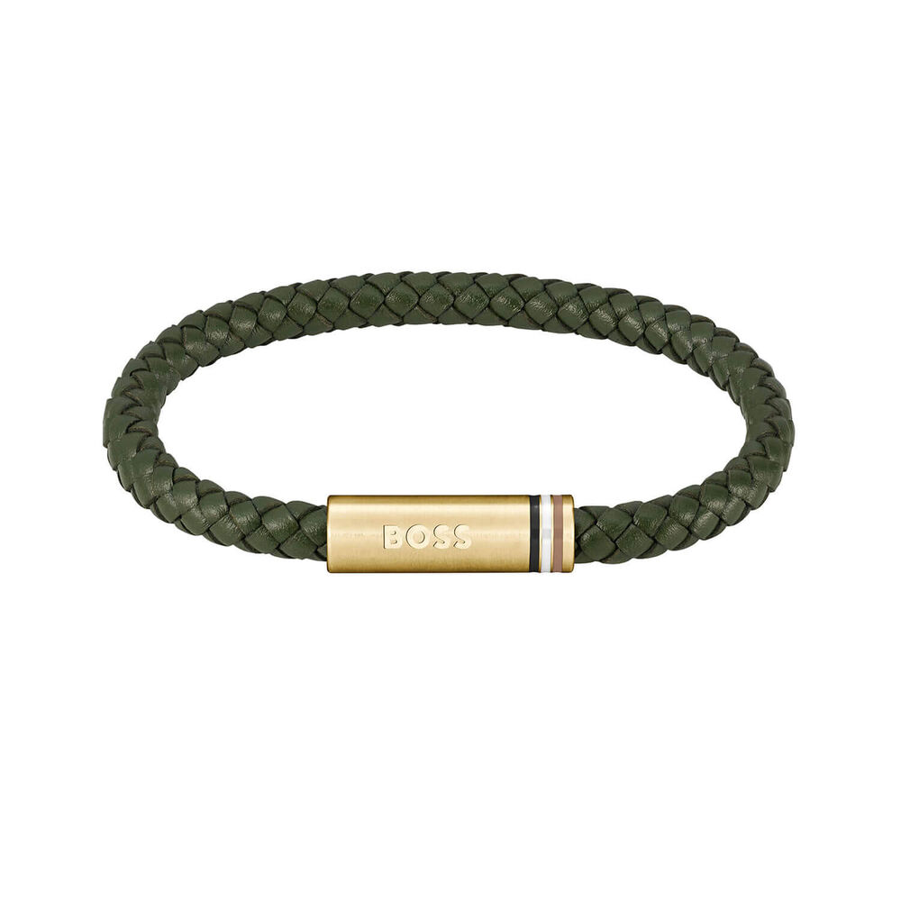 BOSS Strike 41mm Green Textured Dial Steel Bracelet Watch & Green Leather Bracelet Gift Set image number 2