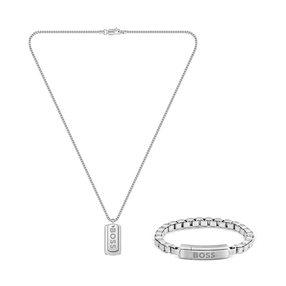 BOSS Devon Stainless Steel Tag Pendant & Bracelet Set image number 0