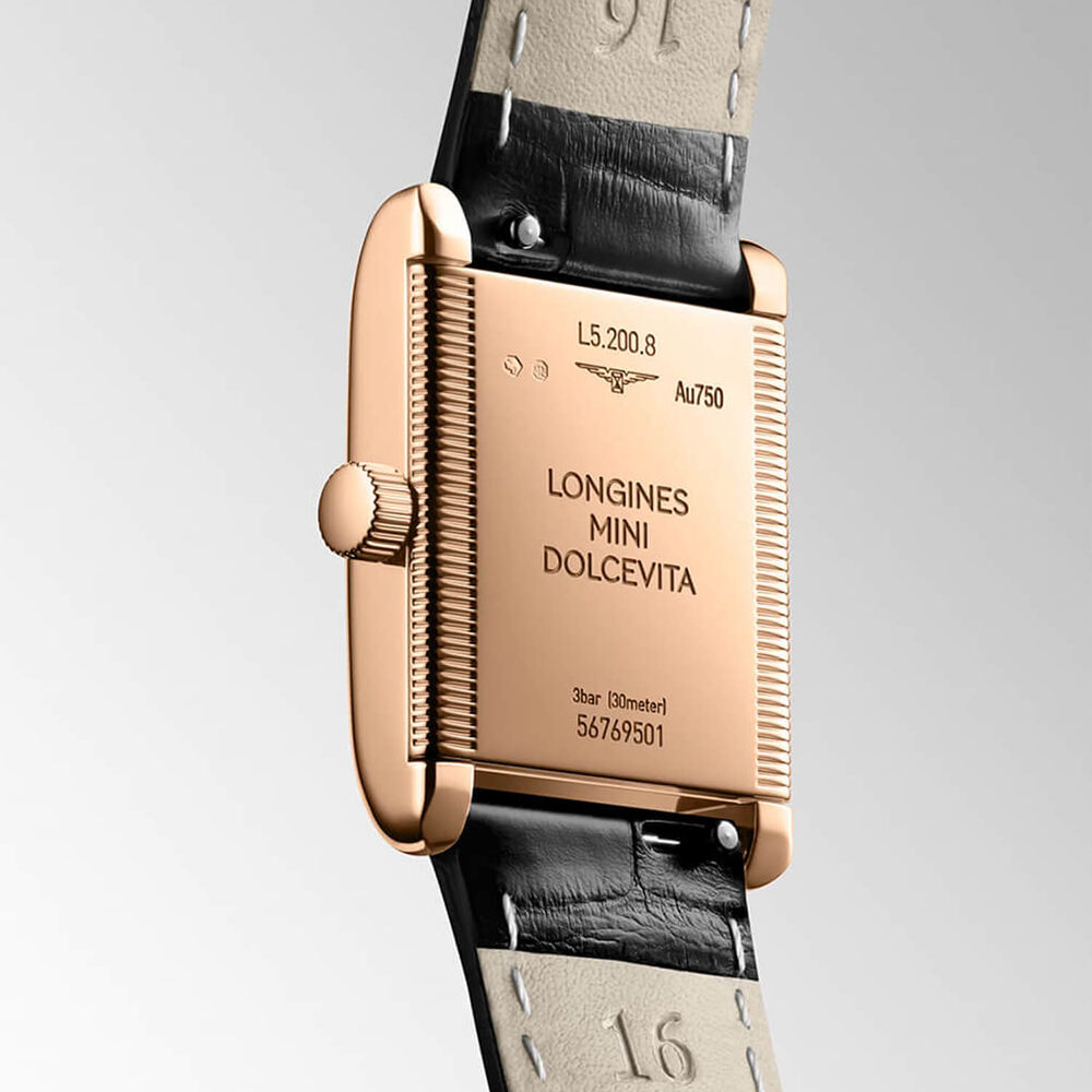 Longines MiniDolcevita 21.5x29mm Silver Dial 18k Pink Gold Case Black Leather Strap Watch image number 1