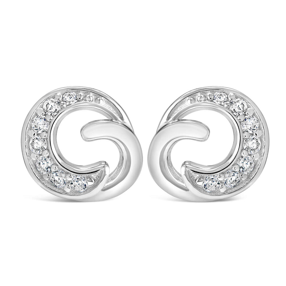 Ladies Sterling Silver and Cubic Zirconia Swirl Stud Earrings image number 0