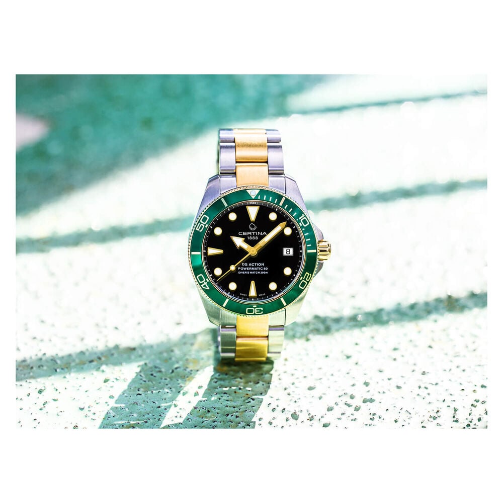 Certina DS Action Diver 38mm Dial Green Bezel Yellow Gold & Steel Bracelet Watch image number 4